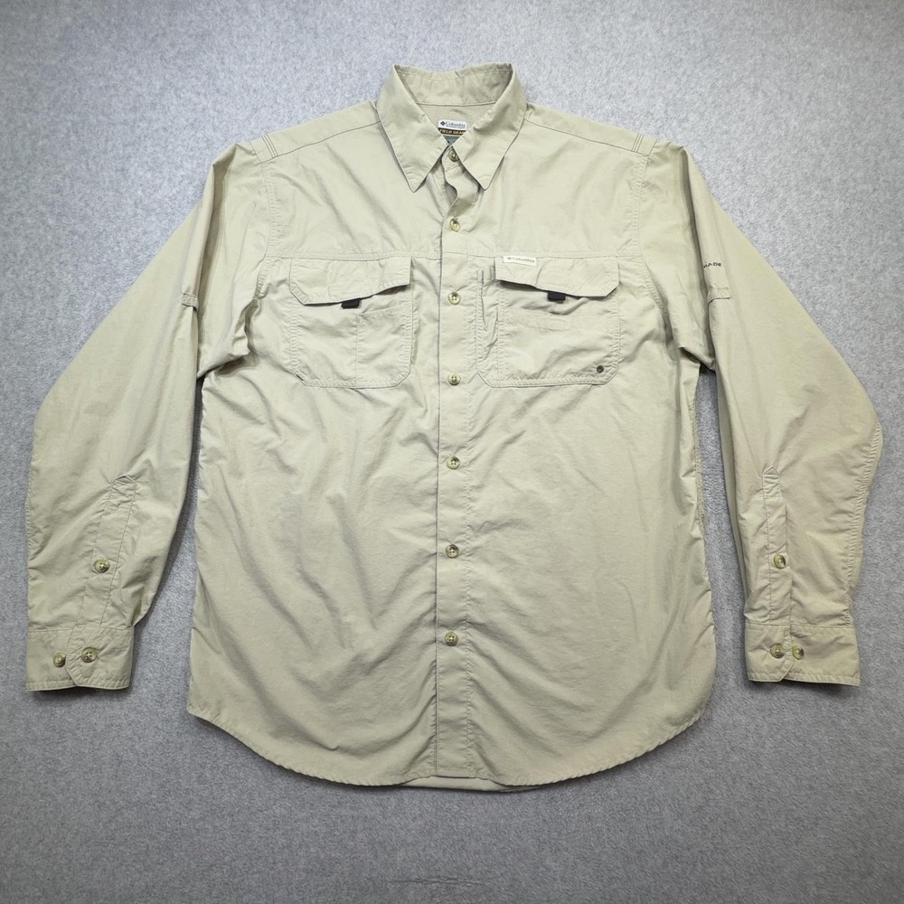 Columbia Field Gear Shirt Mens Medium Beige Roll Tab Sleeve Fishing Vented